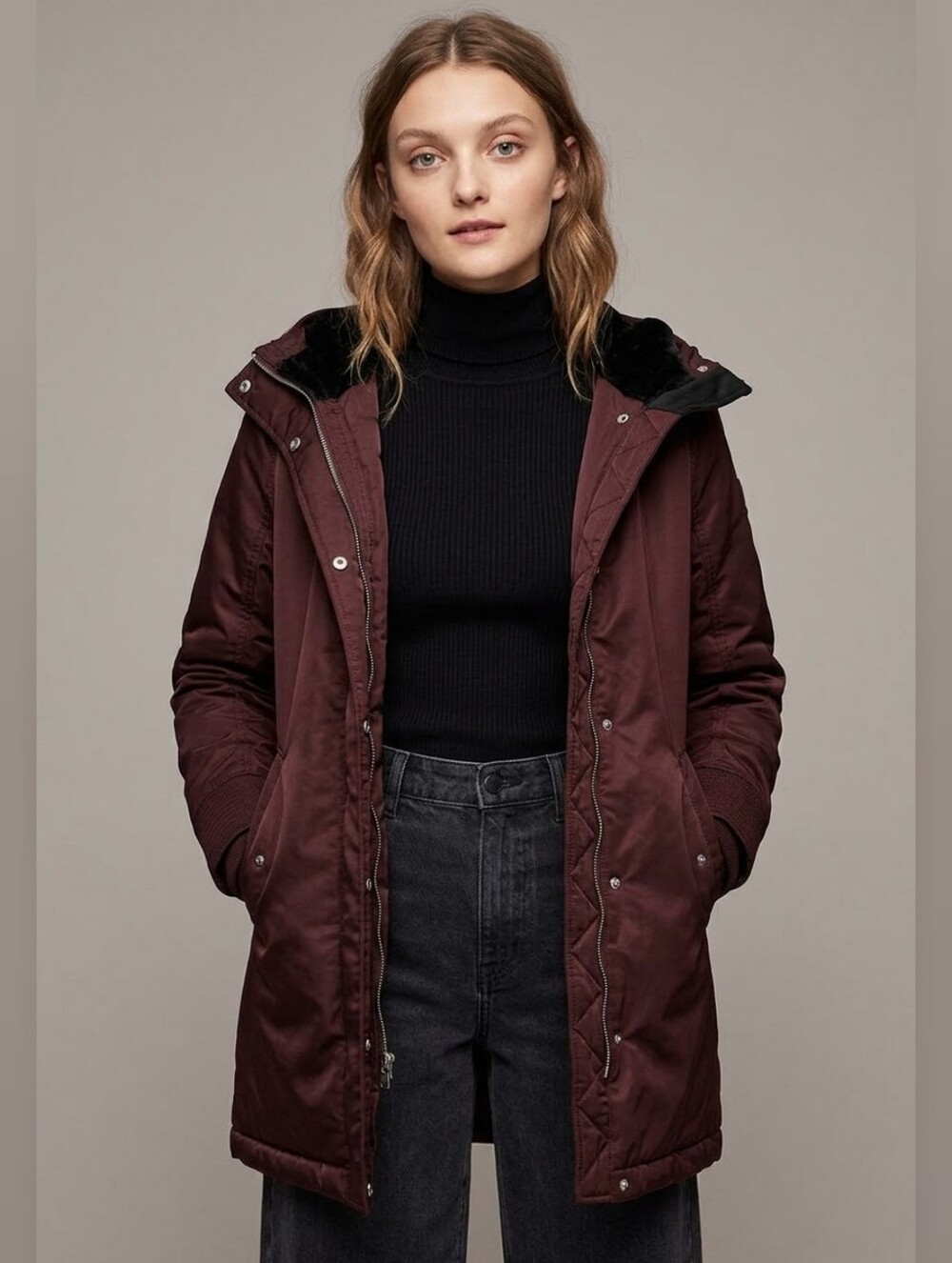 Abercrombie Fitch Split Hood Parka Burgundy Red Water Resistant Womens XS Coat